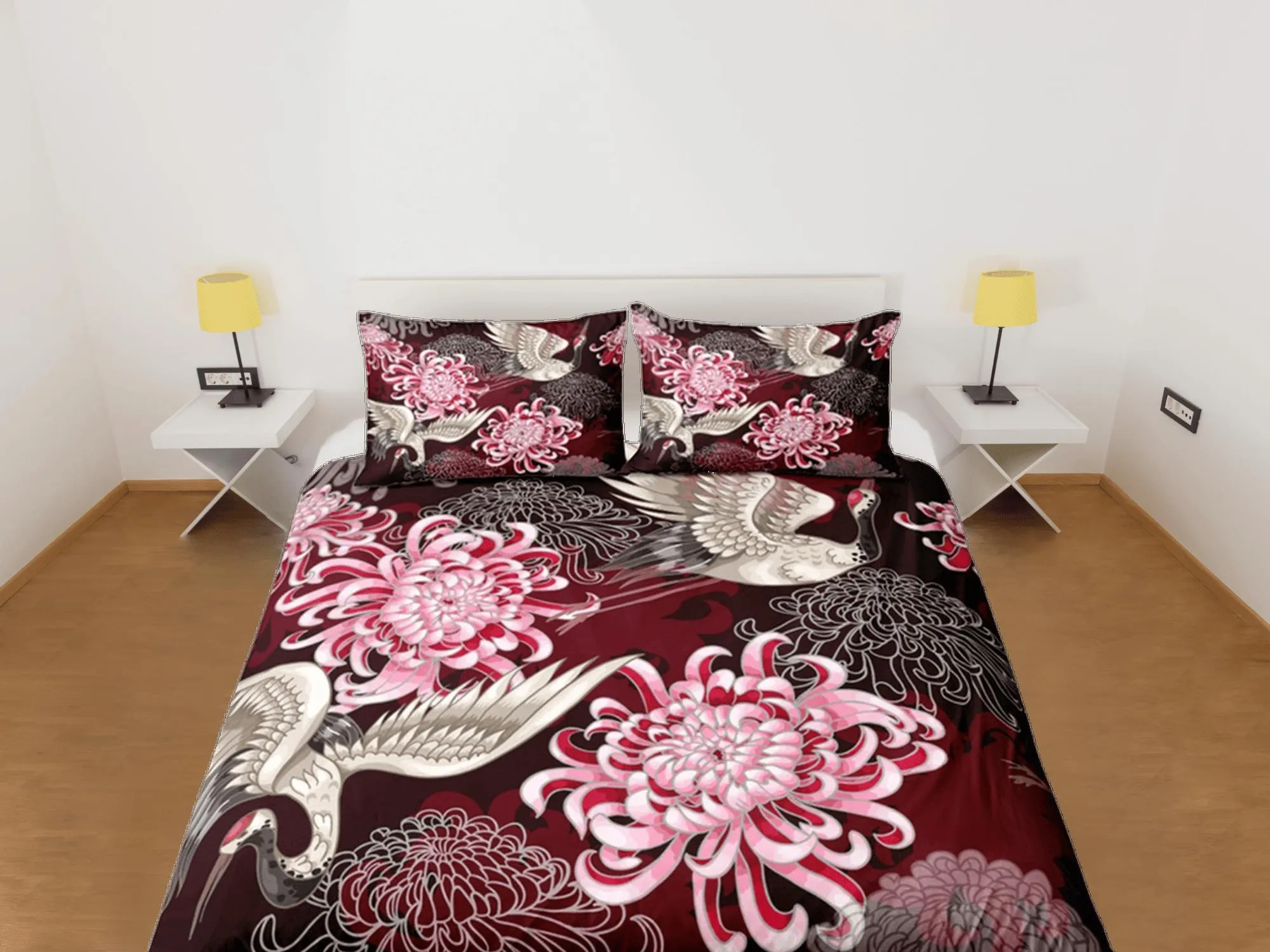 Crane Bird Floral Red Duvet Cover Set Full Japanese Art Dorm Bedding Set with Pillowcase | Size King, Queen, Double, Twin & Single Bedspread