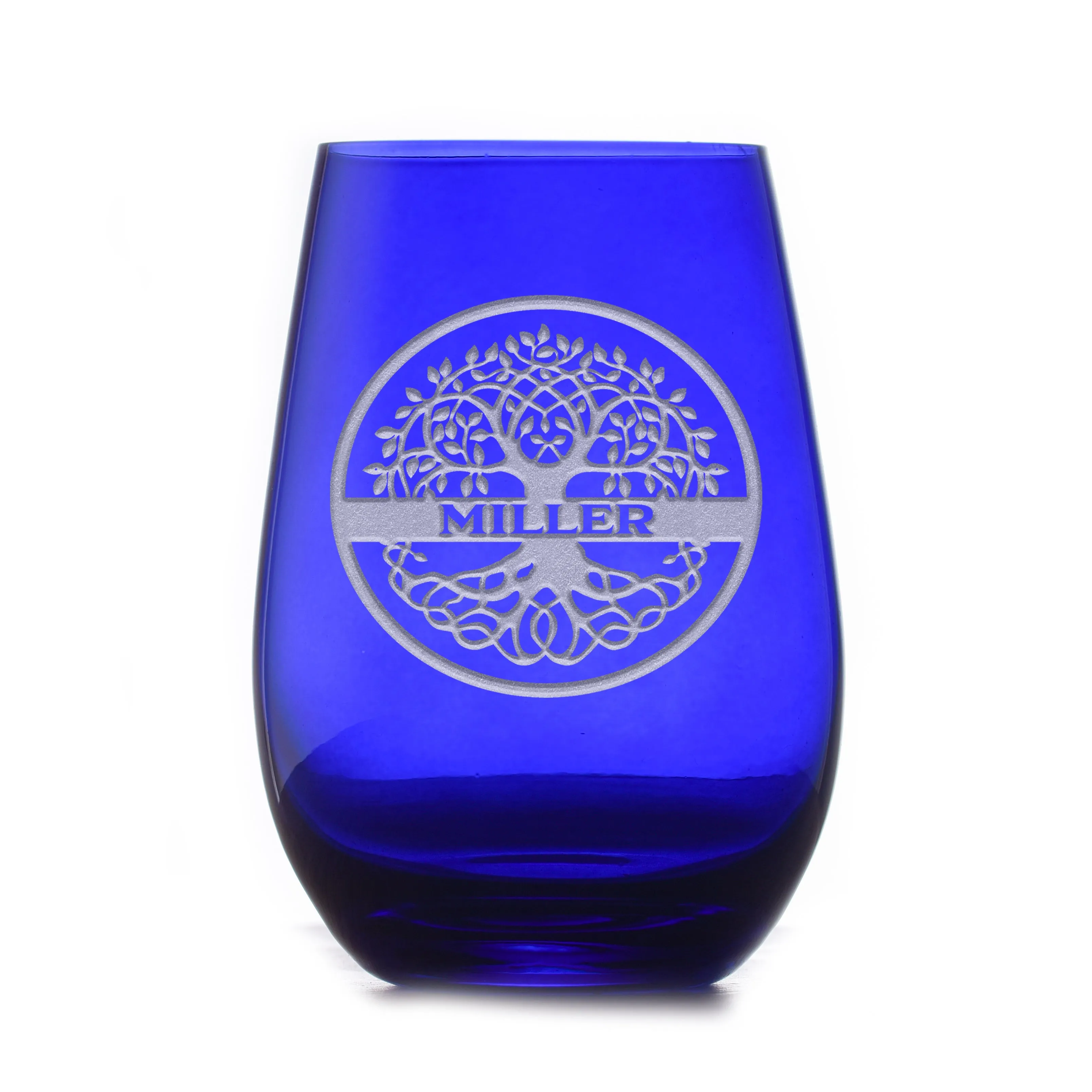 Custom Family Tree Blue Stemless Wine Glass Tumbler by Crystal Imagery