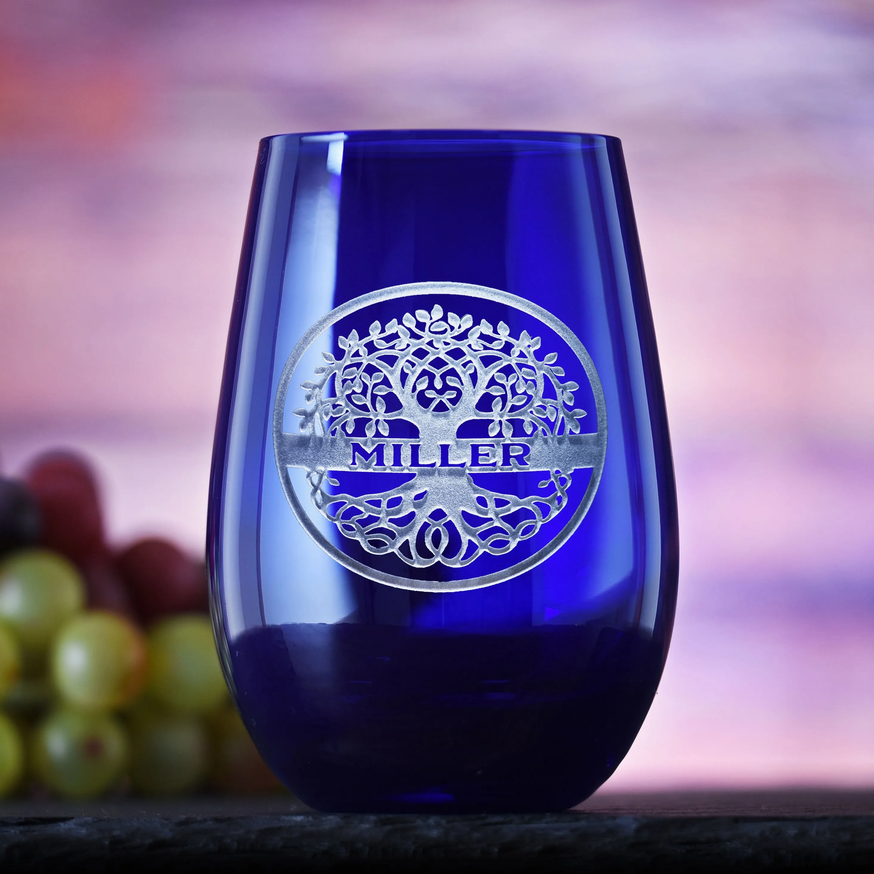 Custom Family Tree Blue Stemless Wine Glass Tumbler by Crystal Imagery