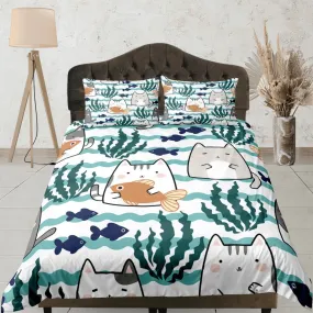 Cute Cats Sea Duvet Cover Set Bedspread Cat Lover Gift Bedding for Teens Kids Bedroom Comforter Cover