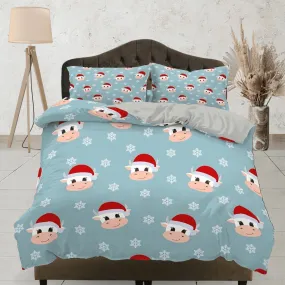 Cute Cow Christmas bedding & pillowcase holiday gift blue duvet cover king queen full twin toddler bedding baby Christmas farmhouse decor