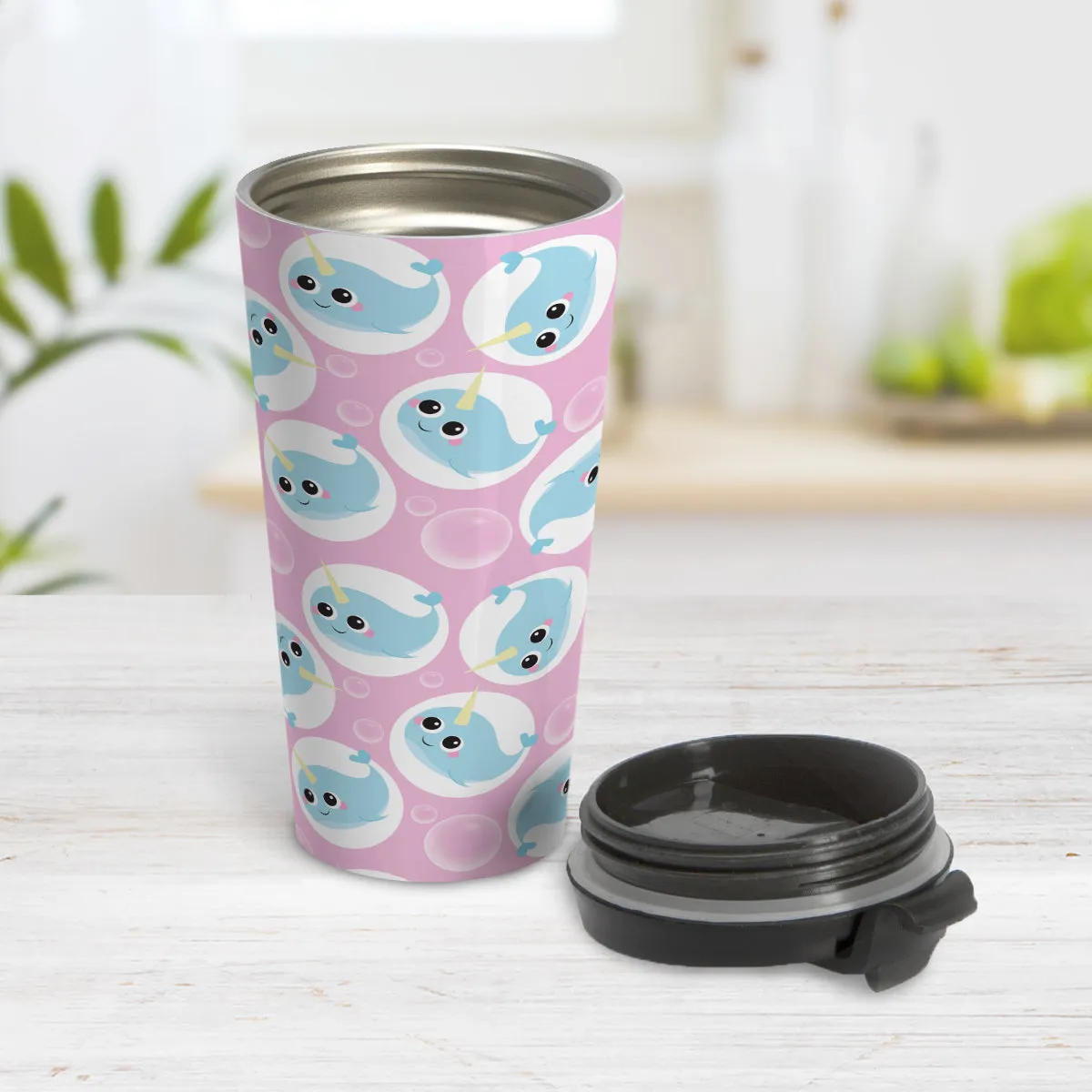 Cute Pink Narwhal Bubble Pattern Travel Mug