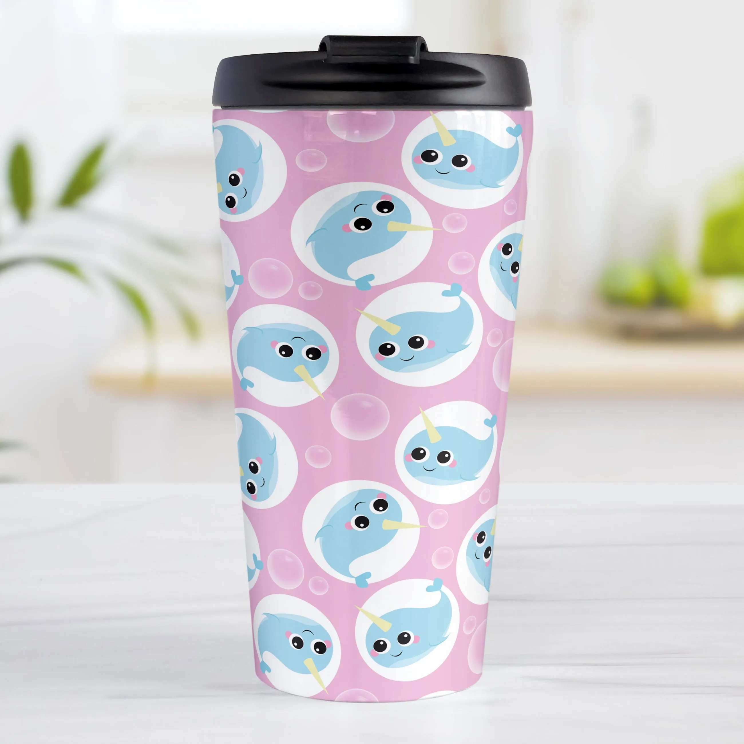 Cute Pink Narwhal Bubble Pattern Travel Mug