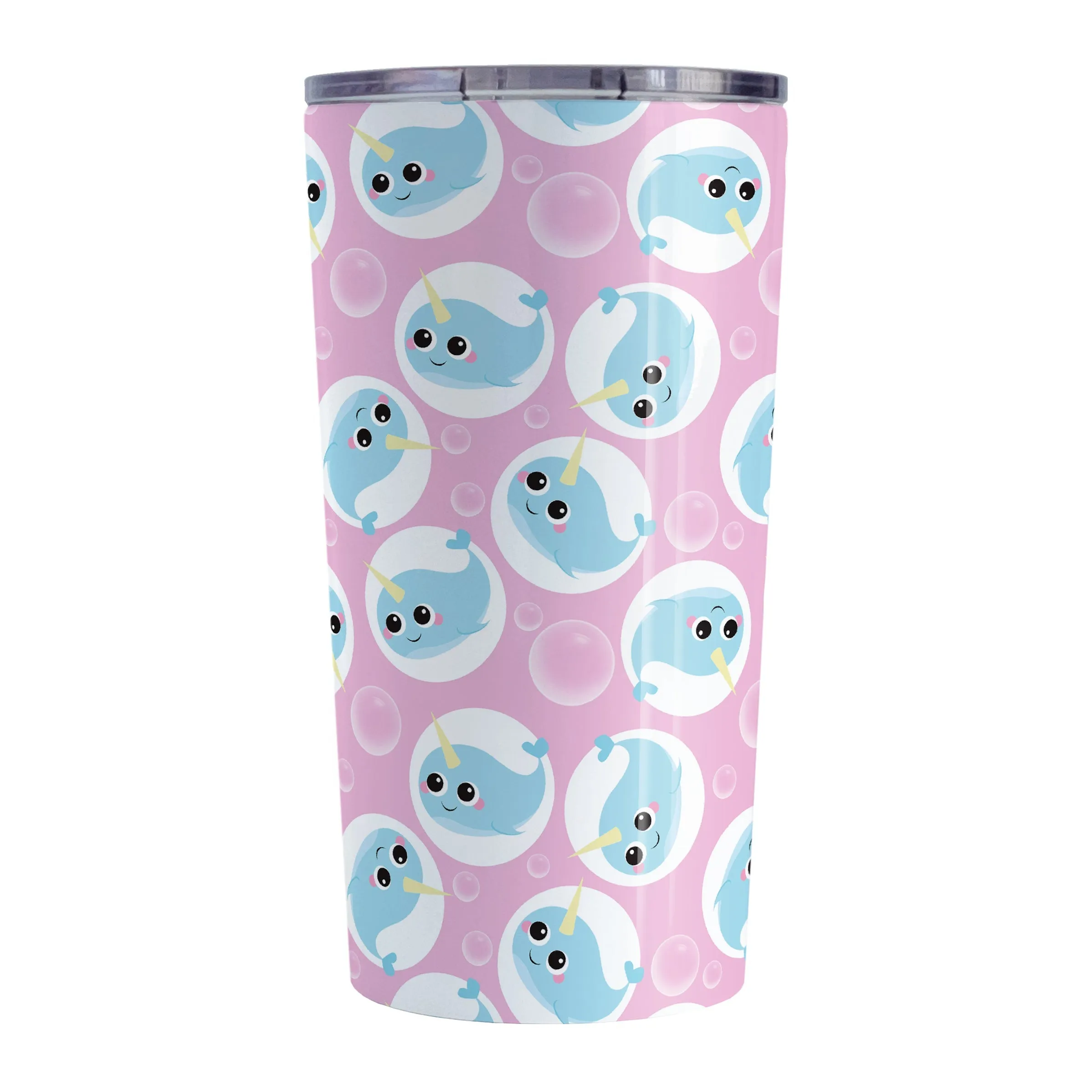 Cute Pink Narwhal Bubble Pattern Tumbler Cup