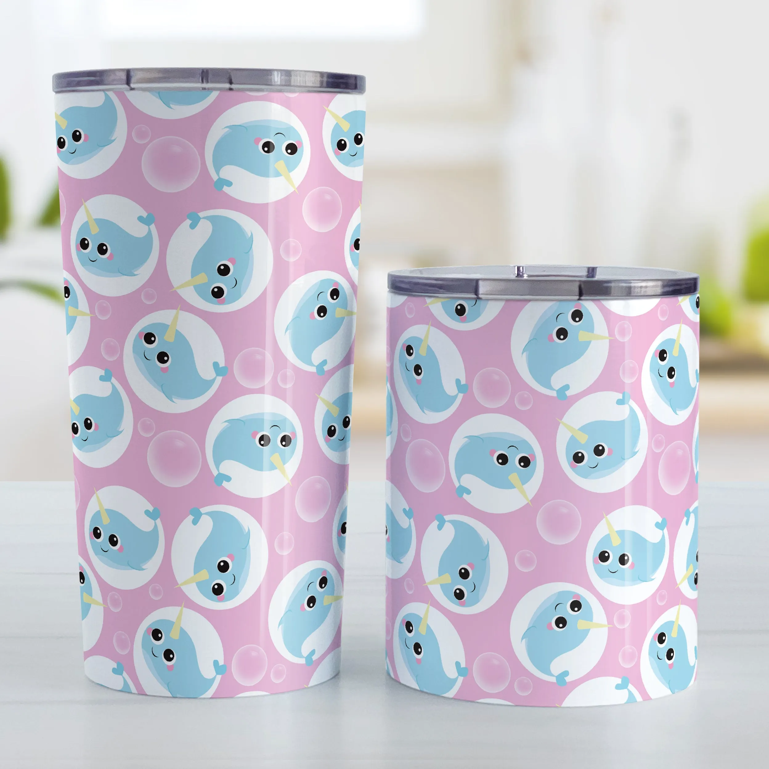 Cute Pink Narwhal Bubble Pattern Tumbler Cup