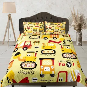 Cute Trucks Yellow Duvet Cover Colorful Bedspread, Kids Full Bedding Set with Pillowcase, Comforter Cover Twin