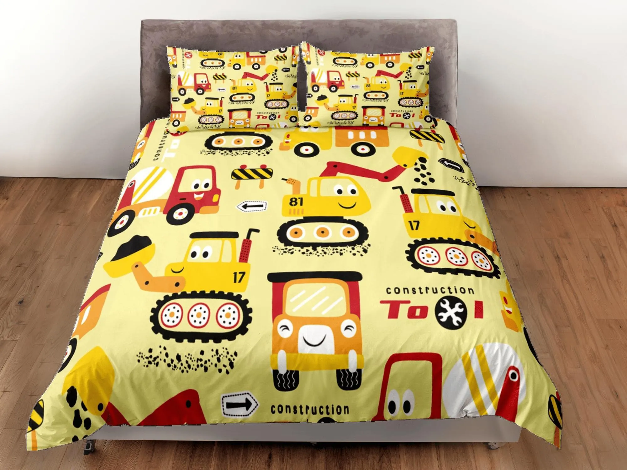 Cute Trucks Yellow Duvet Cover Colorful Bedspread, Kids Full Bedding Set with Pillowcase, Comforter Cover Twin