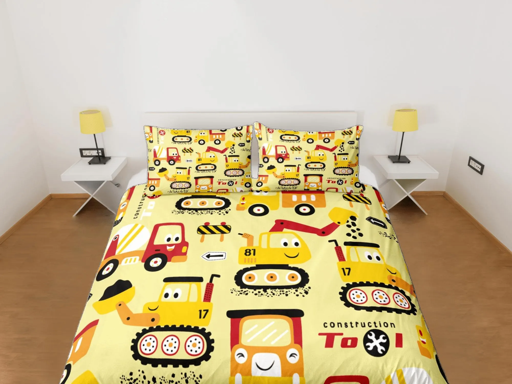 Cute Trucks Yellow Duvet Cover Colorful Bedspread, Kids Full Bedding Set with Pillowcase, Comforter Cover Twin