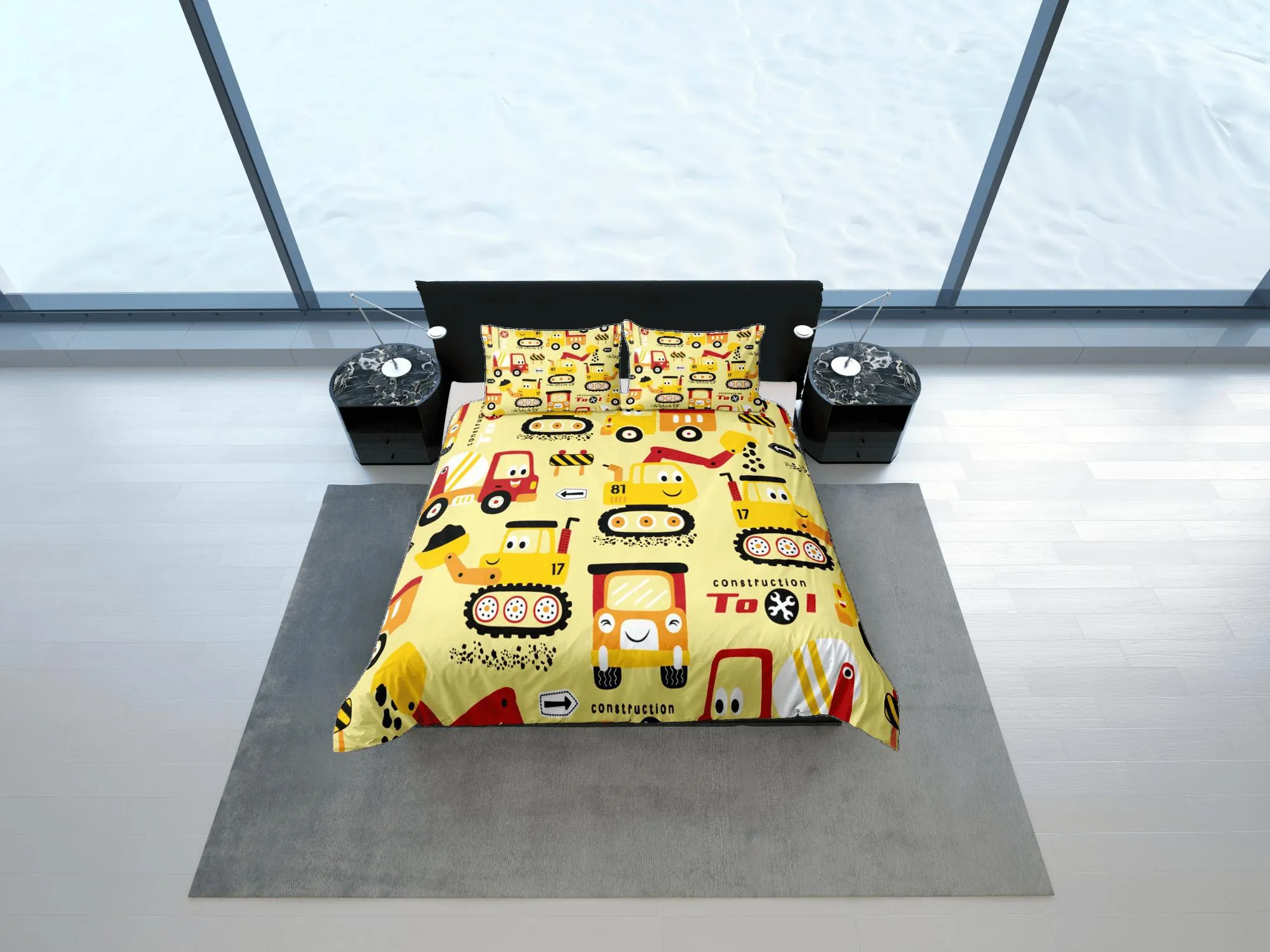 Cute Trucks Yellow Duvet Cover Colorful Bedspread, Kids Full Bedding Set with Pillowcase, Comforter Cover Twin