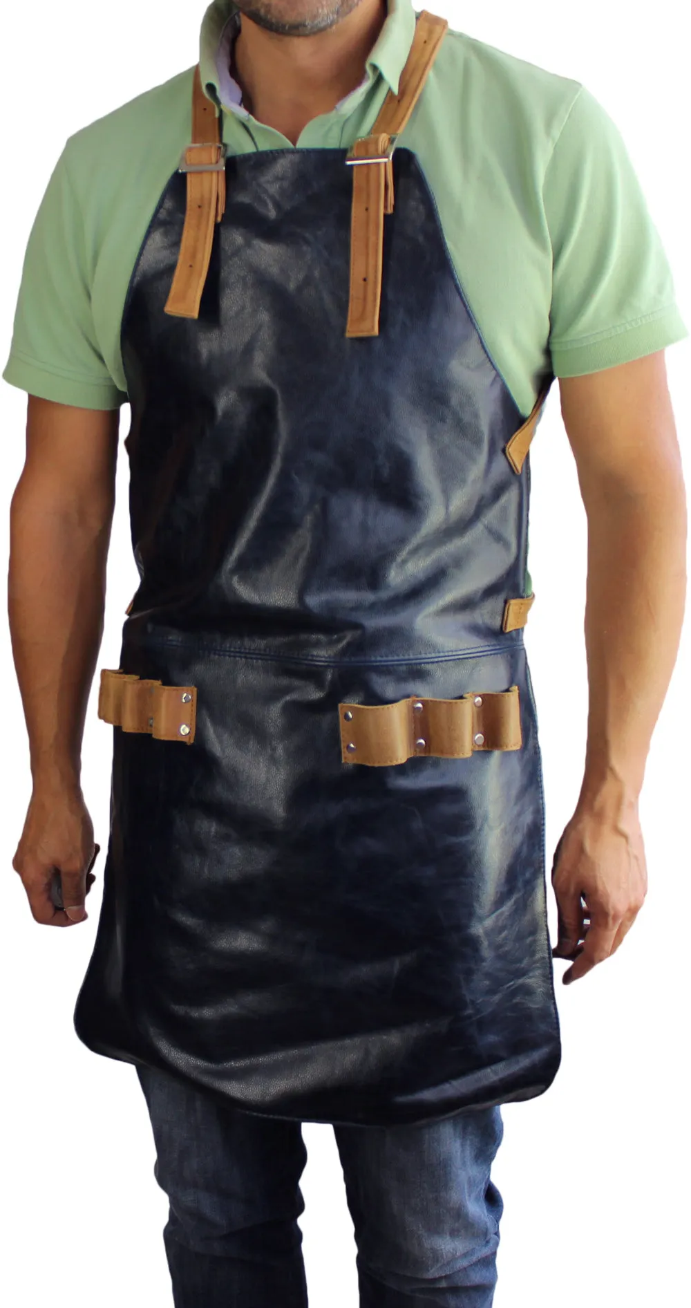 DANNY Leather Apron in Genuine Cowhide Blue Mens Customizable Name Baristas BBQ Kitchen Restaurants