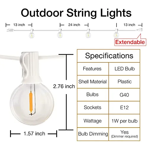 DAYBETTER Outdoor String Lights 100FT G40 White