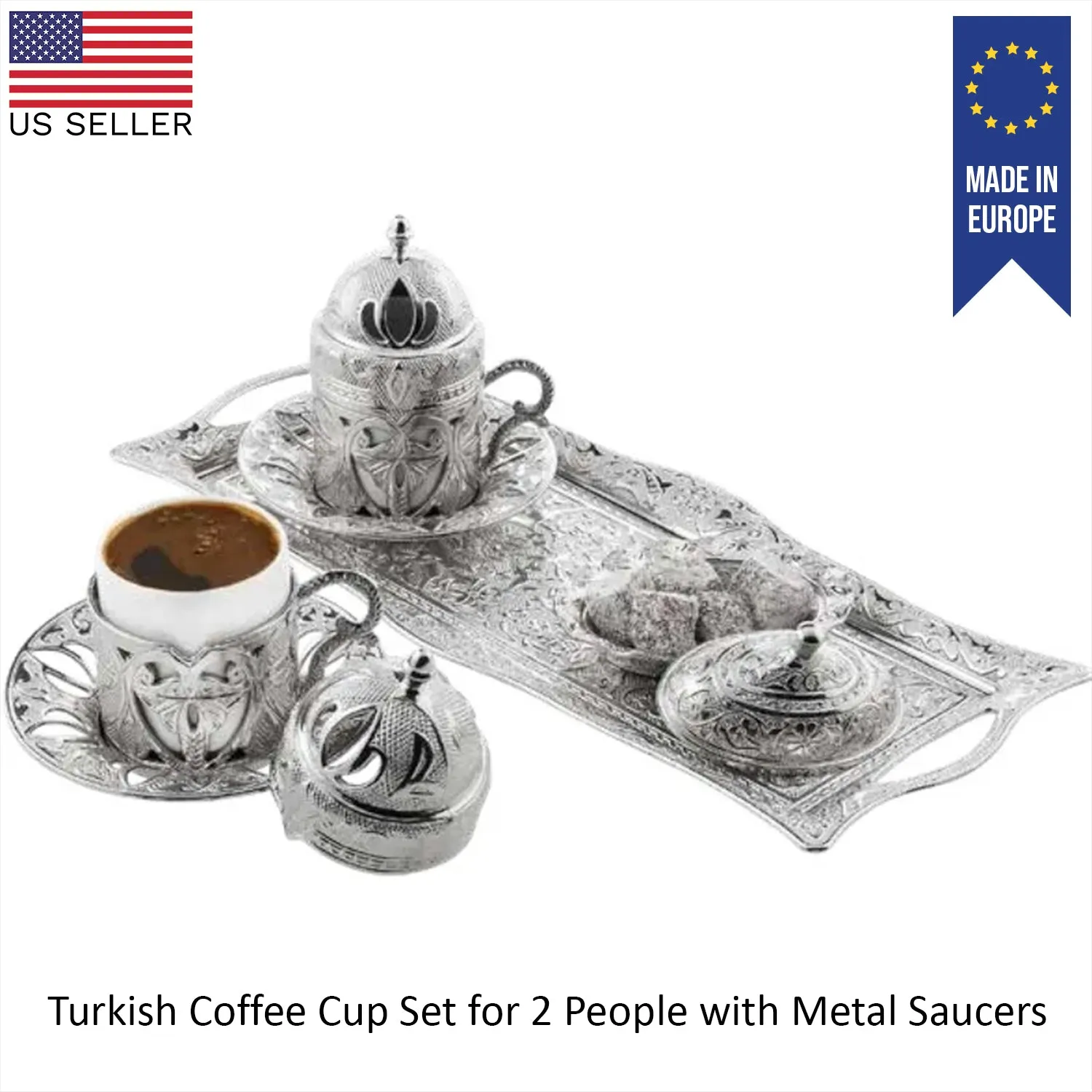 Defne Turkish Coffee Cup Set for 2 People, Demitasse, 2 oz