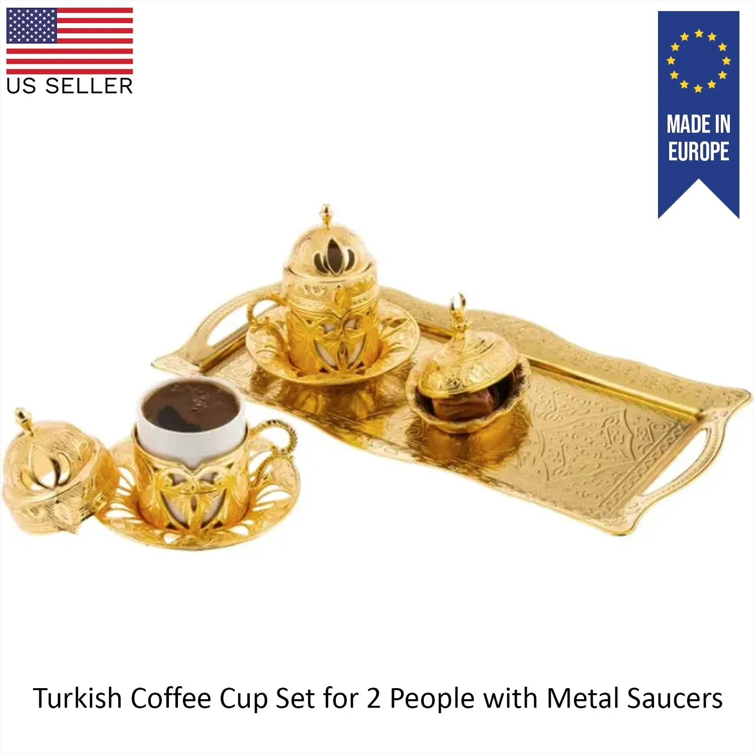 Defne Turkish Coffee Cup Set for 2 People, Demitasse, 2 oz