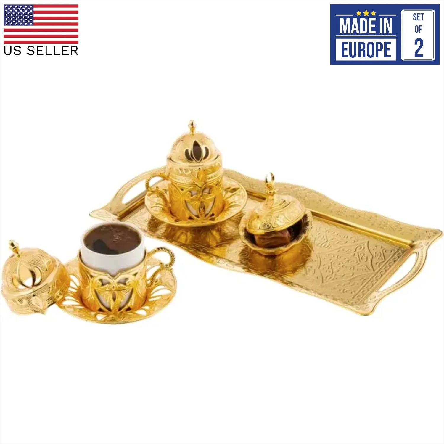 Defne Turkish Coffee Cup Set for 2 People, Demitasse, 2 oz