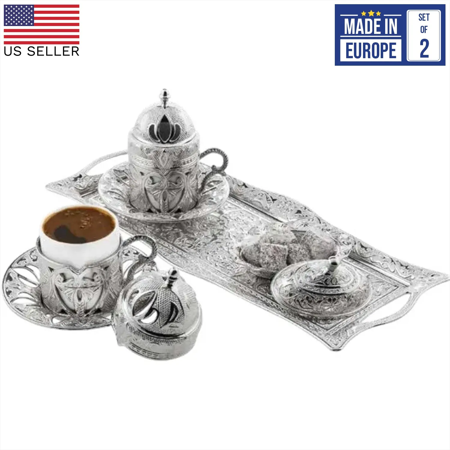 Defne Turkish Coffee Cup Set for 2 People, Demitasse, 2 oz