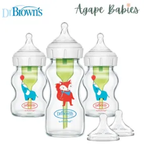 Dr Brown's Glass Anti-Colic Options  Wide-Neck Baby bottle Gift Set, Elephant and Fox Decos