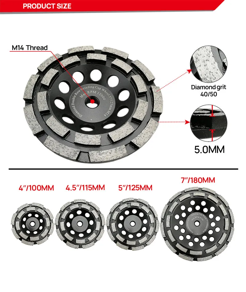 DT-DIATOOL Diamond Double Row Cup Grinding Wheel with M14 Thread Wet or Dry Grinding for Concrete Granite Marble Brick Hard Stone Dia 4''/4.5''/5''/7''