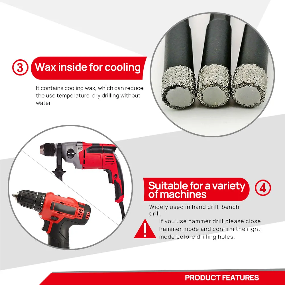 DT-DIATOOL Vacuum Brazed Dry Diamond Drilling Core Bits with Hexagon Shank for Granite Marble Ceramic Tile Glass