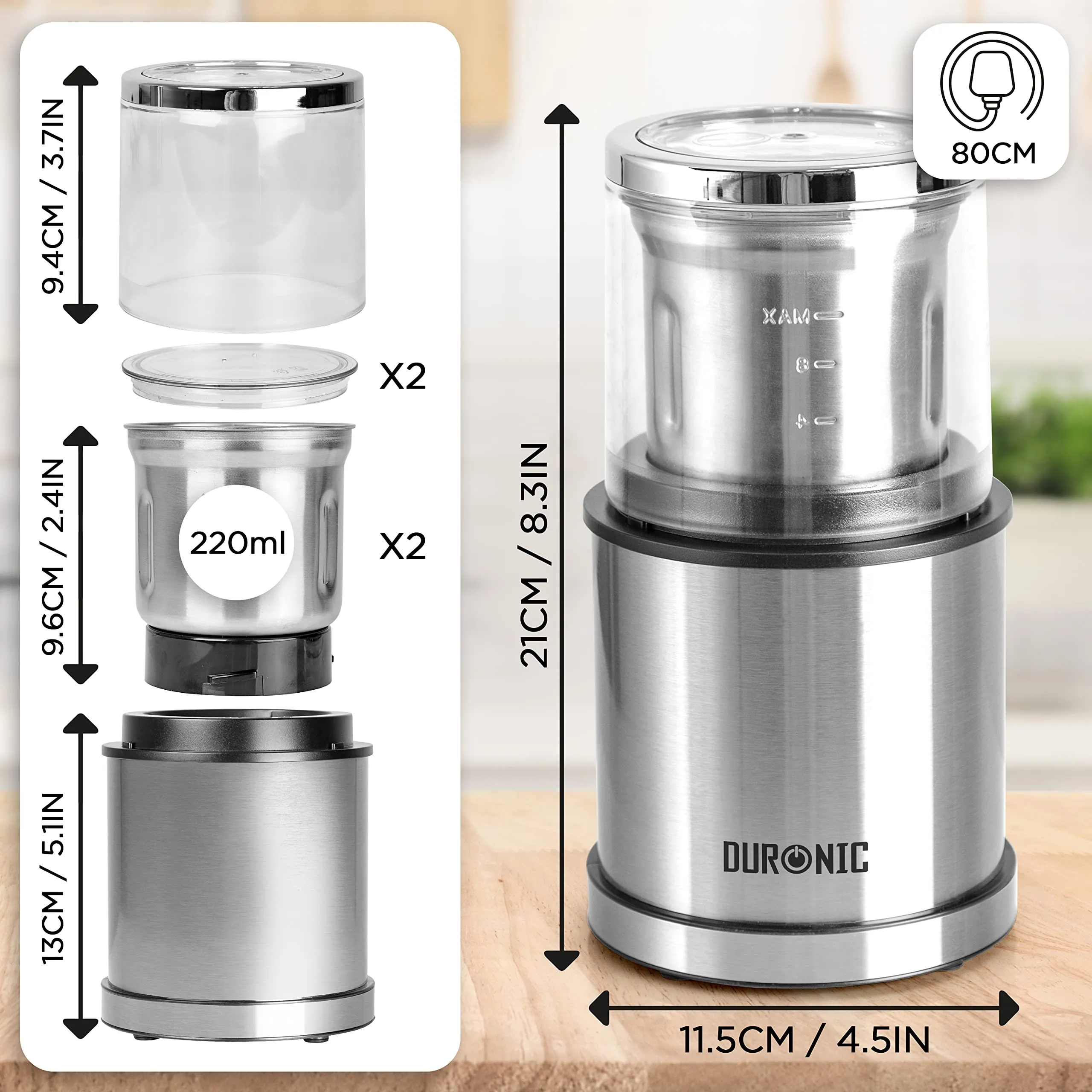 Duronic Electric Blade Coffee Grinder CG421 | 2 in 1 Spice Mill Grinder Kitchen Machine | Wet & Dry Grinding Mini Mill Hopper | 75g/220ml | 200W | 2X Stainless Steel Cups | Beans, Herbs, Nuts…