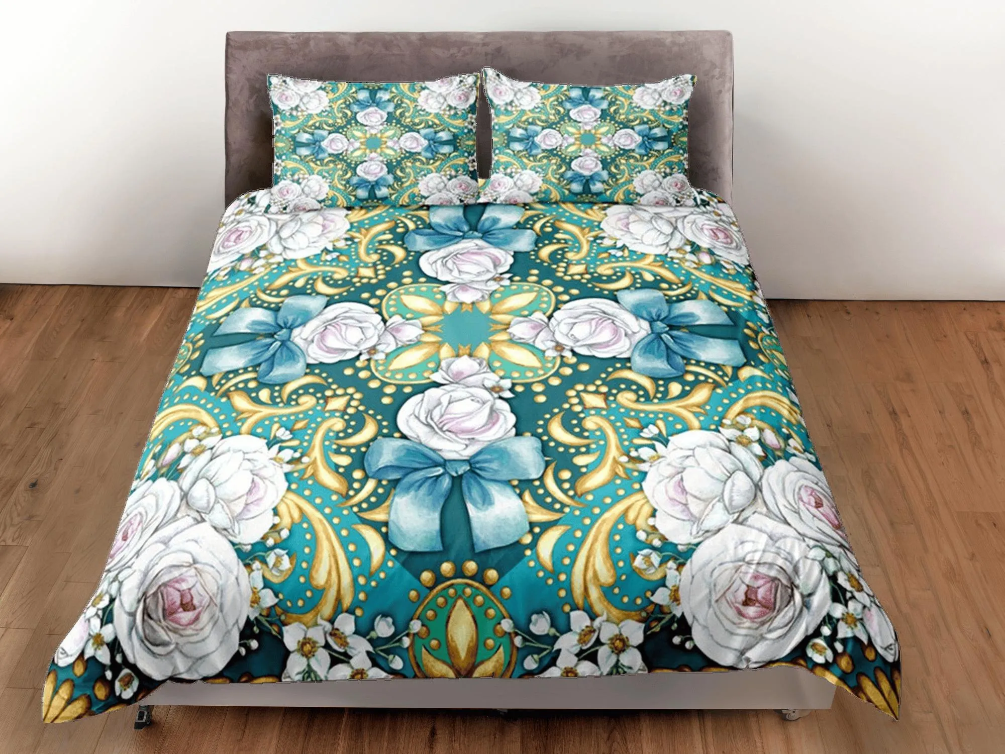 Elegant Roses Green Duvet Cover Set Bedspread, Floral Dorm Bedding Pillowcase