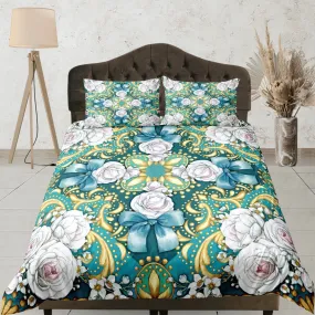 Elegant Roses Green Duvet Cover Set Bedspread, Floral Dorm Bedding Pillowcase