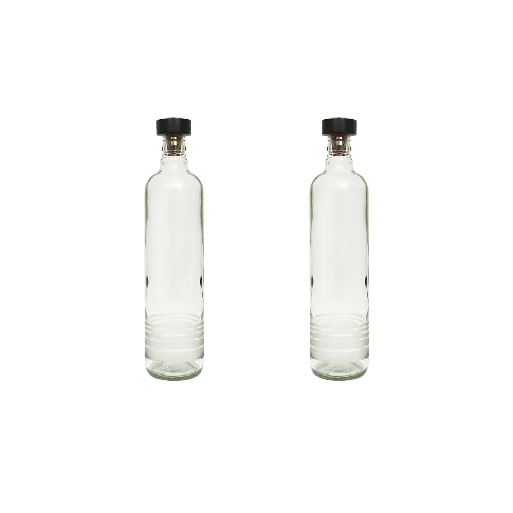 Ellementry Frosted Rings Glass Bottle with Wooden Stopper (750 ML)- Leak Proof & BPA Free | Bottle for Water, Milk, Juice & Cocktail | Transparent Fridge Bottles for Home Decor and Office (Pack Of 2)