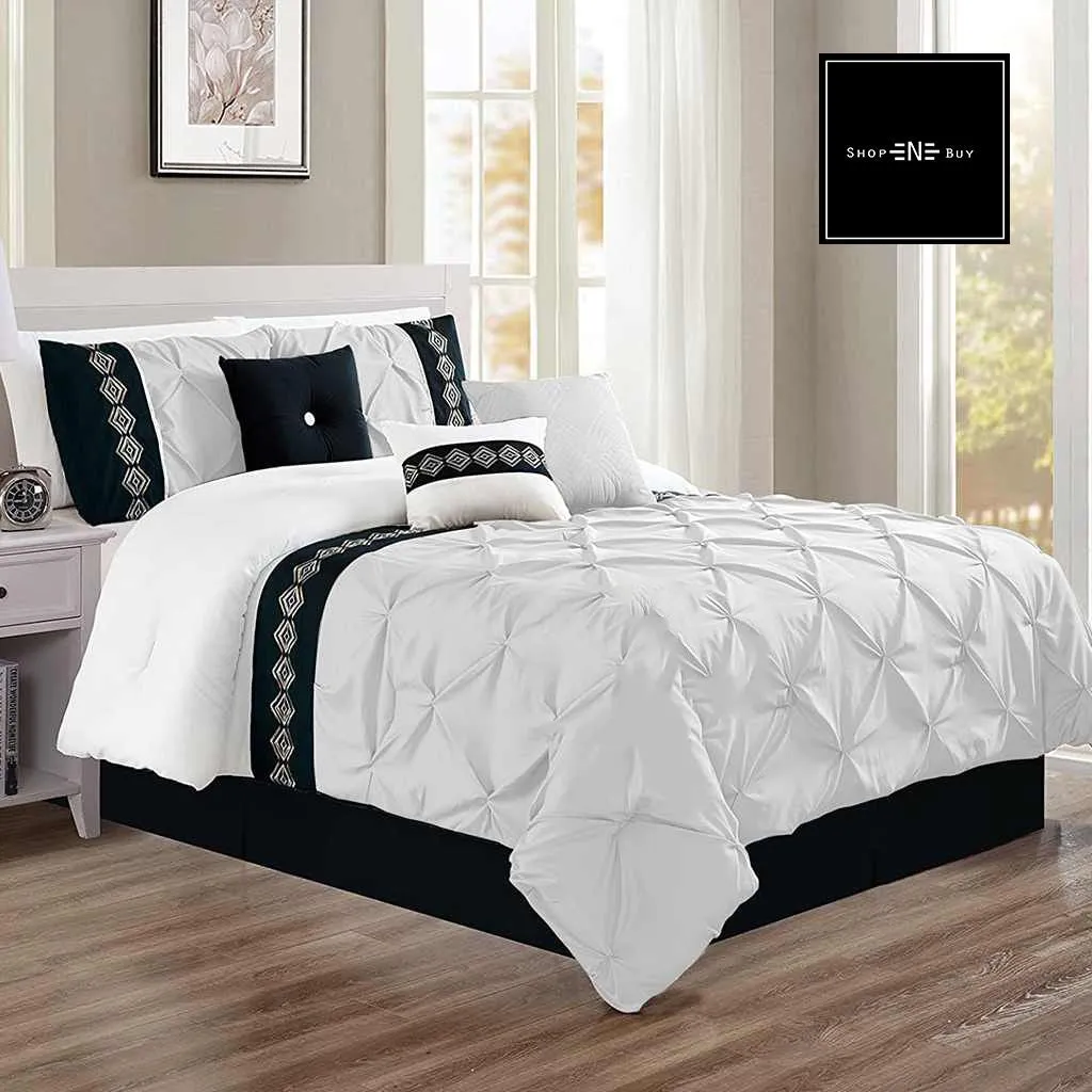 Embroidered Pintuck Duvet 8 Pieces - White & Black