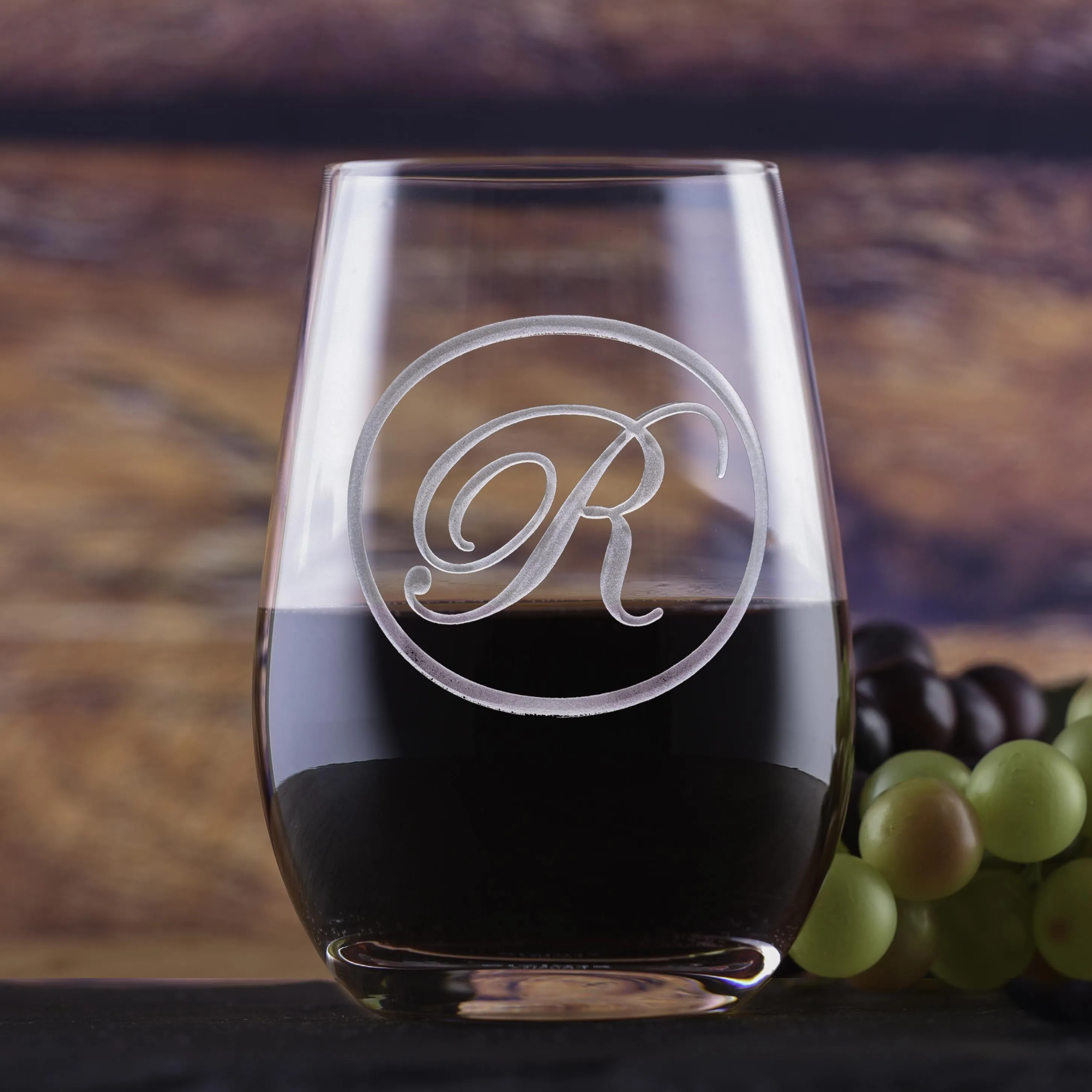 Etched Monogram Stemless Wine Glass Tumbler by Crystal Imagery