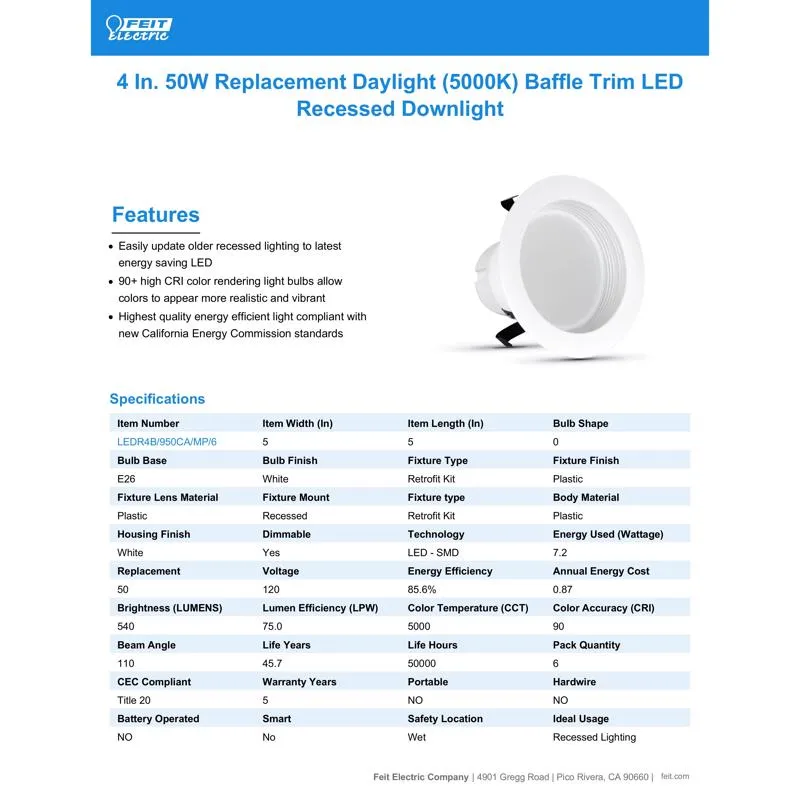 Feit Enhance Daylight 4 in. W LED Dimmable Recessed Downlight 7.2 W