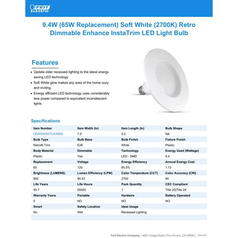 Feit Enhance PAR30 E26 (Medium) LED Bulb Soft White 65 Watt Equivalence 1 pk