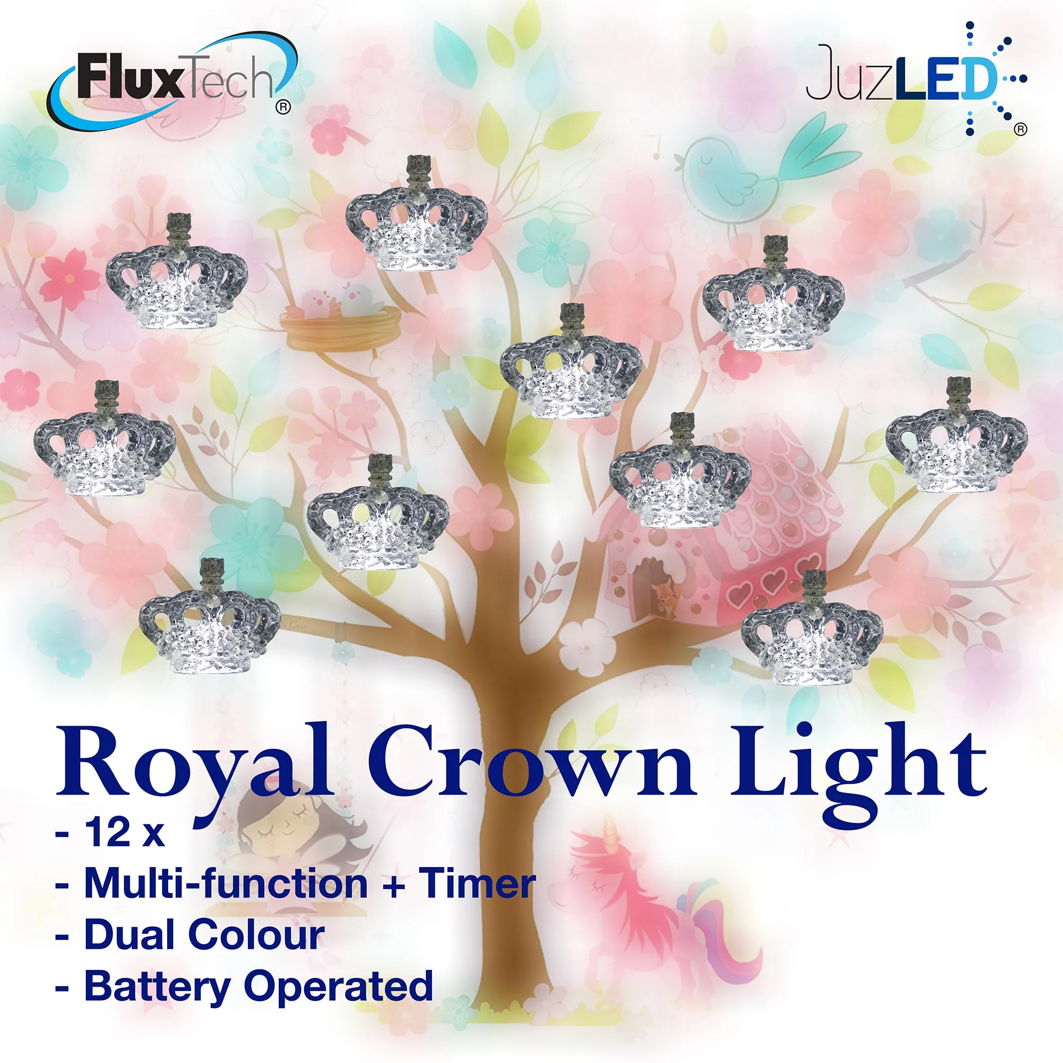 FluxTech - 3D Royal Ice Crystal Crown 12 x Dual Colour LED String Lights by JustLED – Multi-function Effect – Timer function - Battery Operated