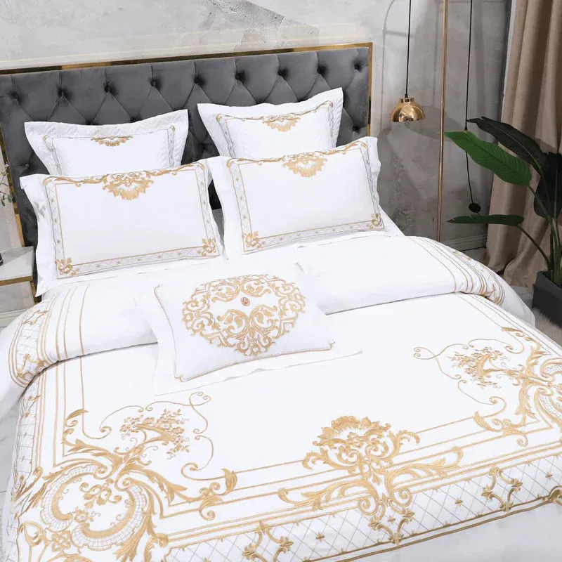 Flytonn-Egyptian Cotton Bedding Set, Duvet Cover, Bed Sheet, Pillowcases, Luxury European Palace Style, Gold Embroidery, 4 Pcs, 7Pcs