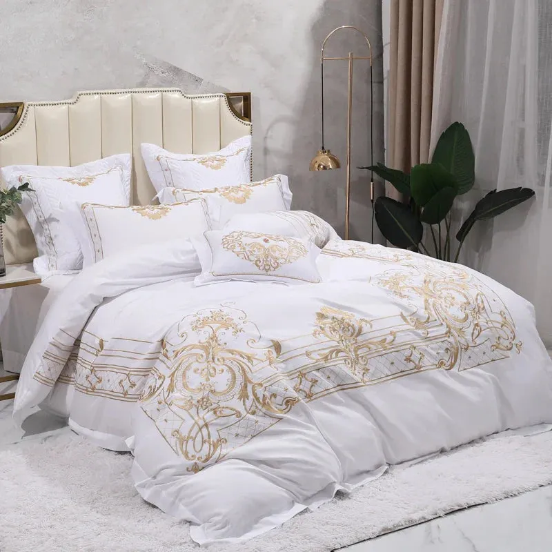 Flytonn-Egyptian Cotton Bedding Set, Duvet Cover, Bed Sheet, Pillowcases, Luxury European Palace Style, Gold Embroidery, 4 Pcs, 7Pcs