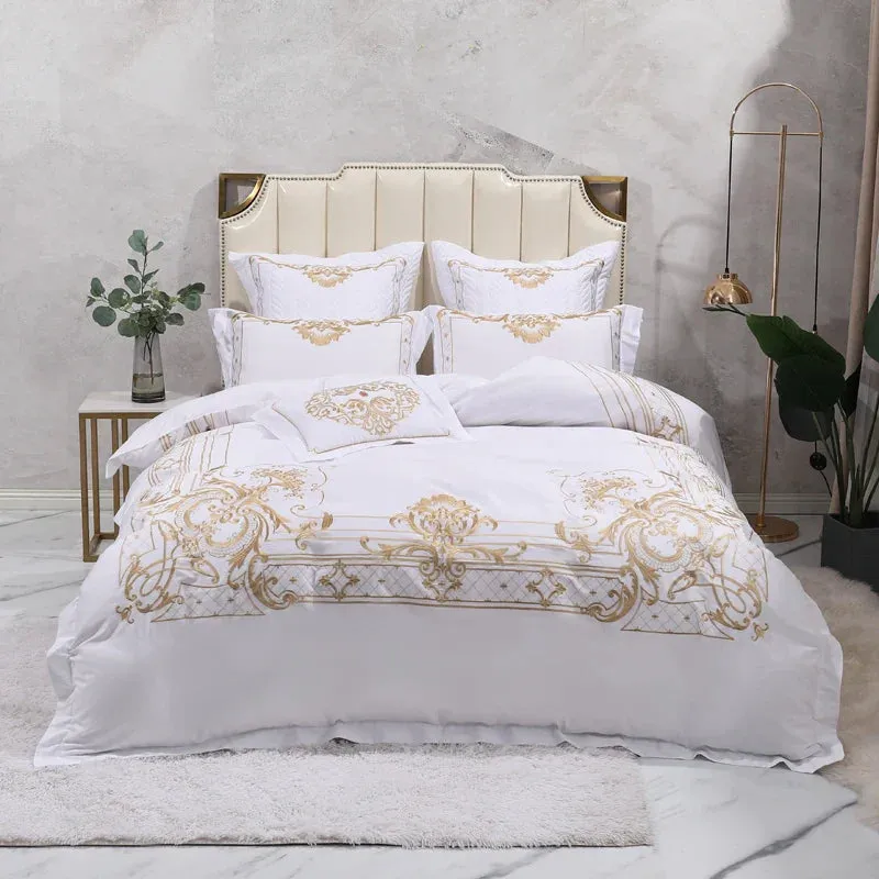 Flytonn-Egyptian Cotton Bedding Set, Duvet Cover, Bed Sheet, Pillowcases, Luxury European Palace Style, Gold Embroidery, 4 Pcs, 7Pcs