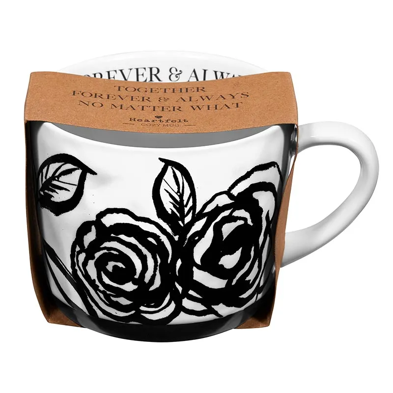 Forever & Always Mug in White with Black Floral Artwork | Giftable Coffee Tea Cup | 15oz