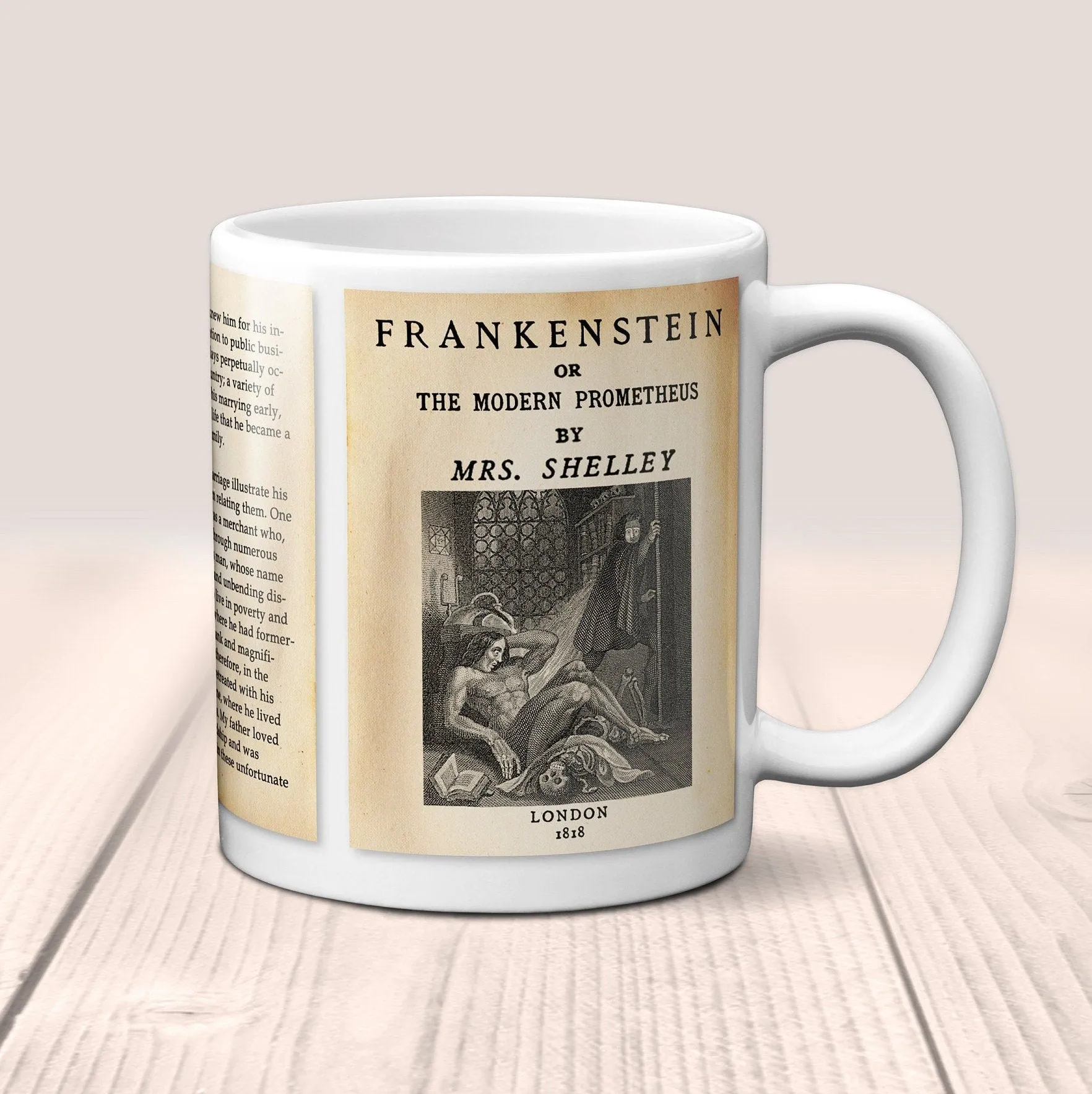 Frankenstein by Mary Shelley Mug. Coffee Mug with Frankenstein book Title and Book Pages, Bookish Gift,  Literature Mug, Book Lover Mug.