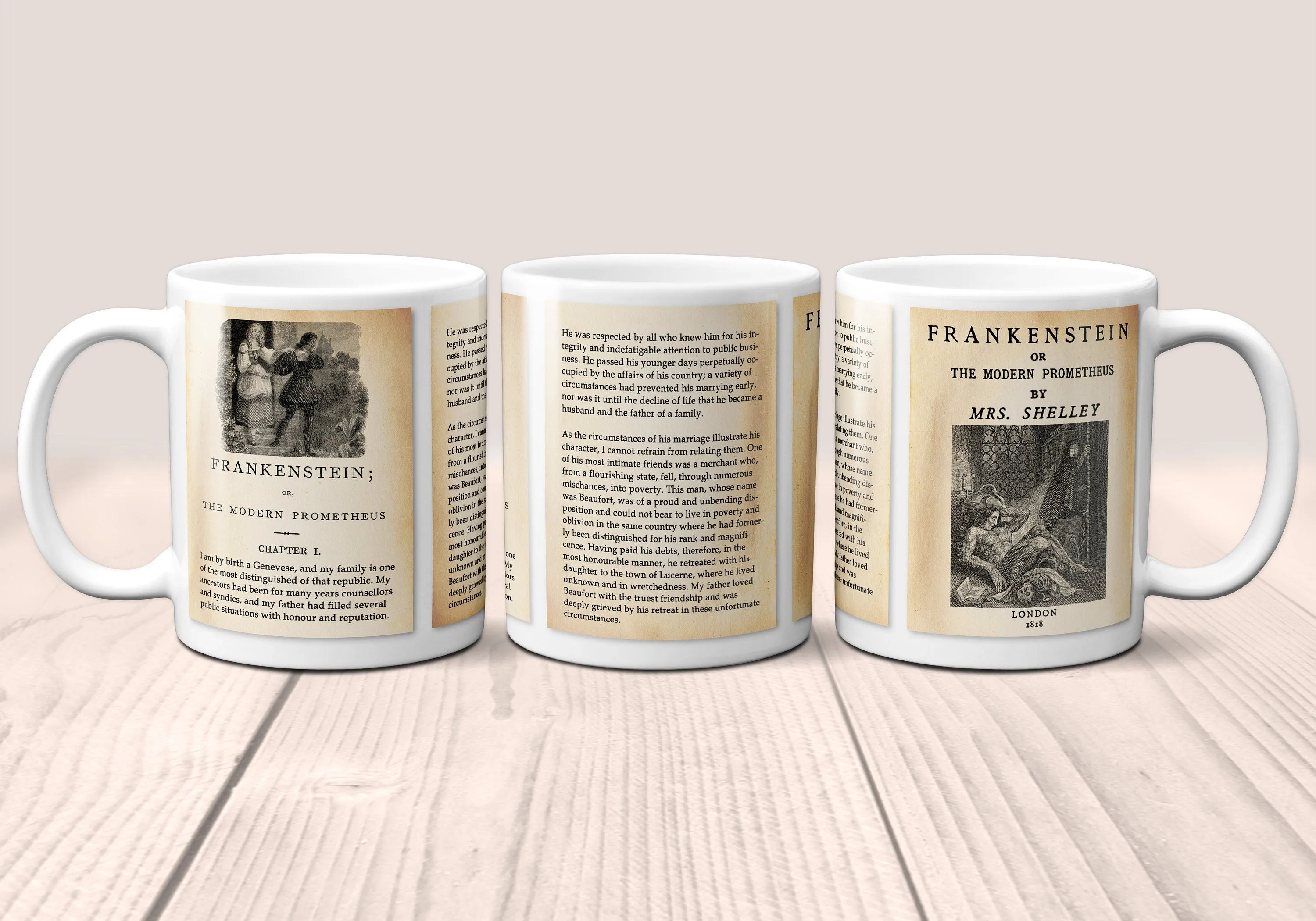 Frankenstein by Mary Shelley Mug. Coffee Mug with Frankenstein book Title and Book Pages, Bookish Gift,  Literature Mug, Book Lover Mug.