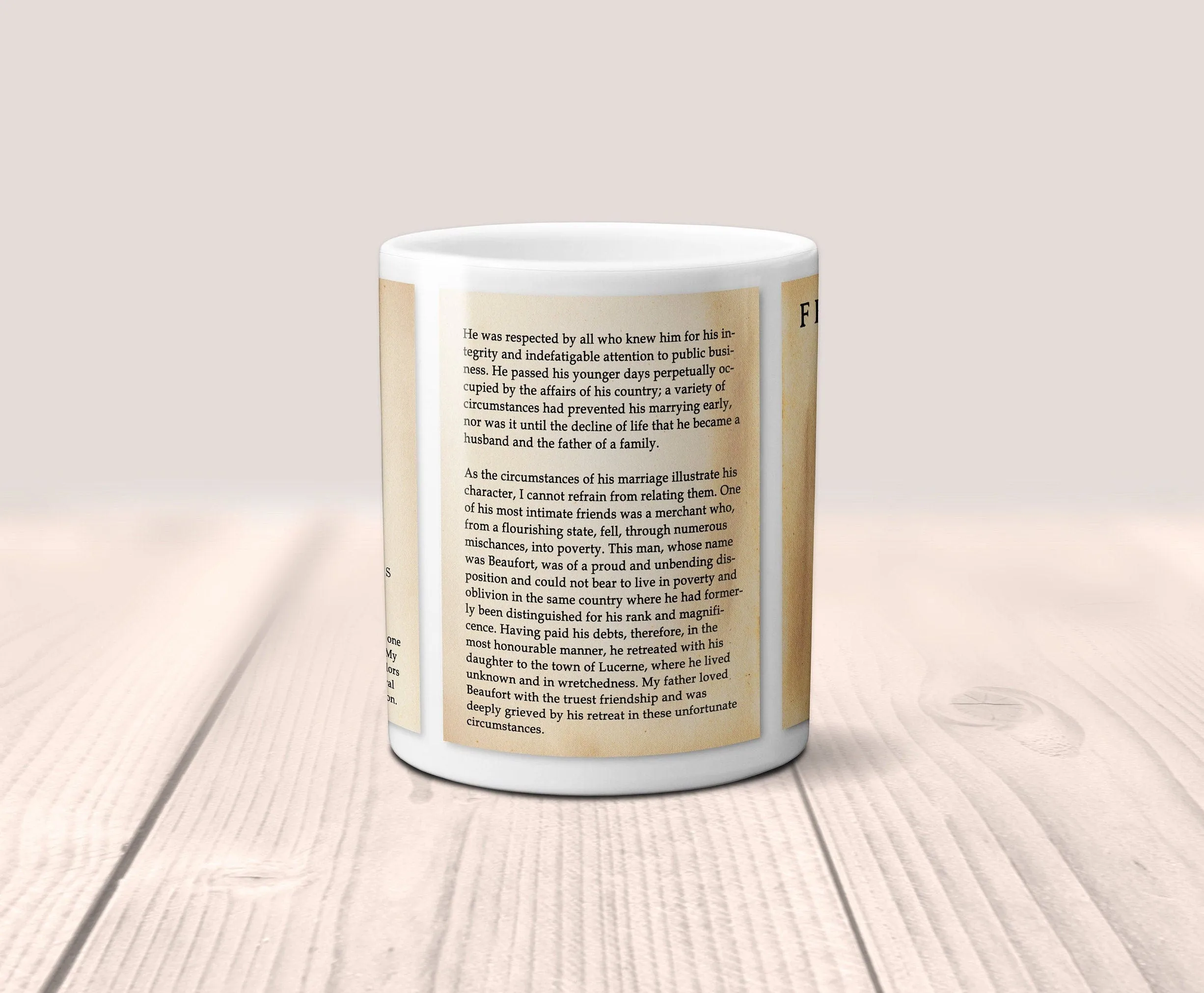 Frankenstein by Mary Shelley Mug. Coffee Mug with Frankenstein book Title and Book Pages, Bookish Gift,  Literature Mug, Book Lover Mug.