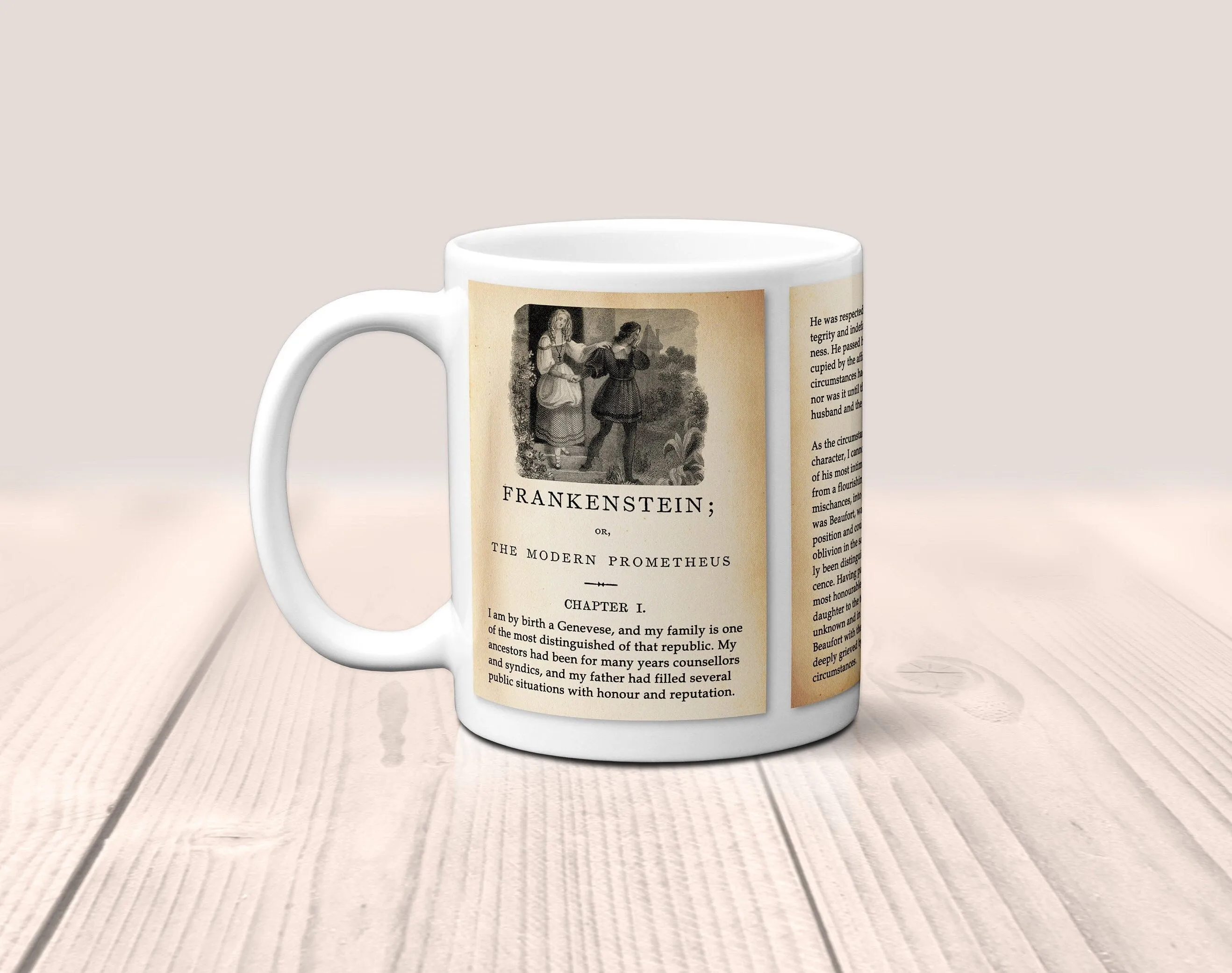 Frankenstein by Mary Shelley Mug. Coffee Mug with Frankenstein book Title and Book Pages, Bookish Gift,  Literature Mug, Book Lover Mug.