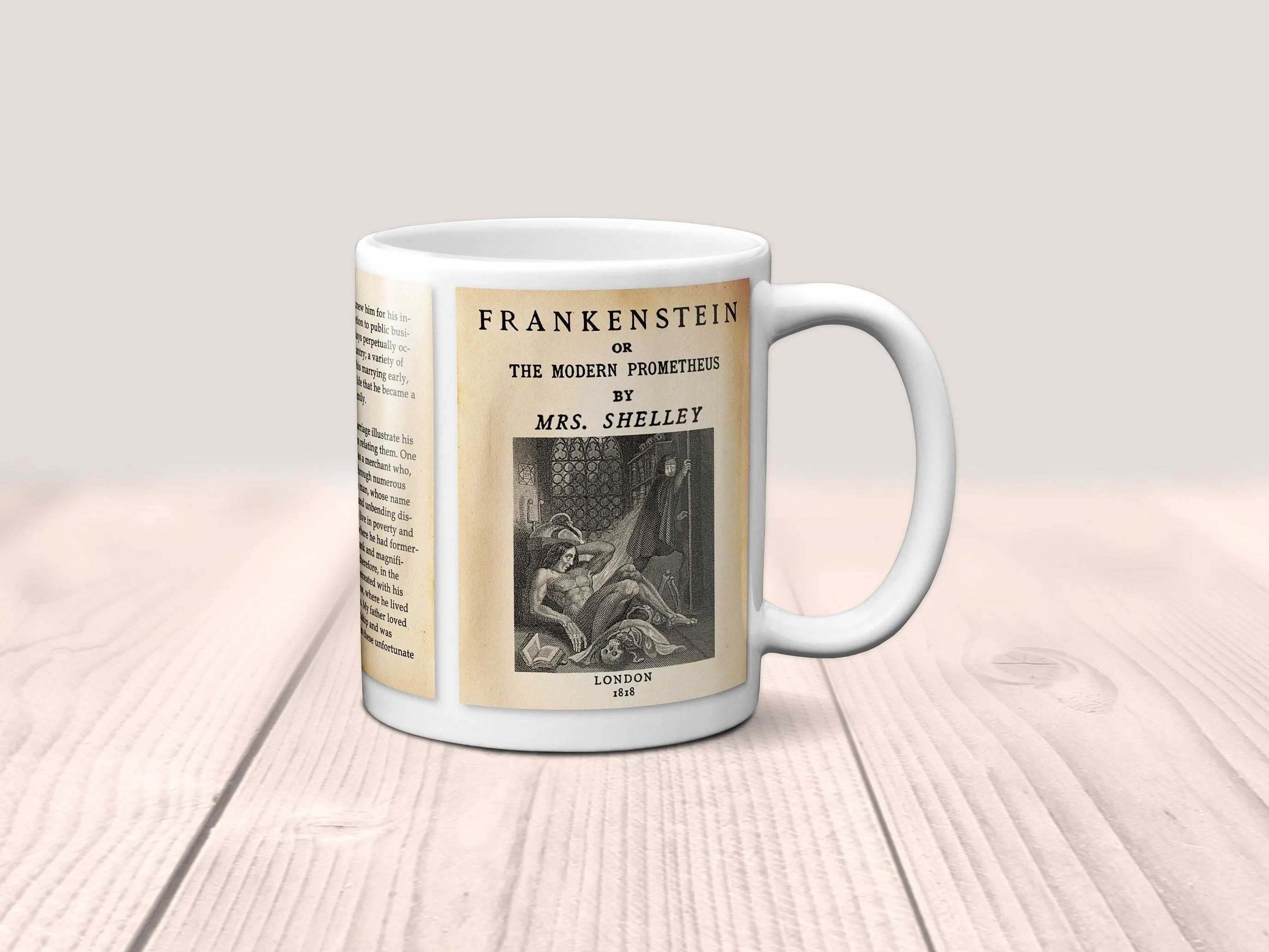 Frankenstein by Mary Shelley Mug. Coffee Mug with Frankenstein book Title and Book Pages, Bookish Gift,  Literature Mug, Book Lover Mug.