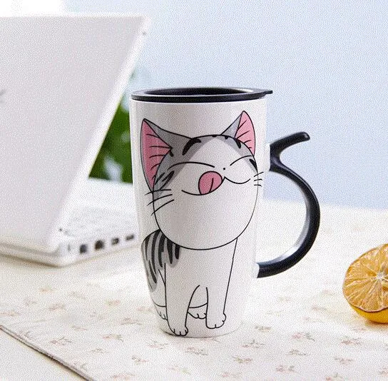 Funki Buys | Mugs | Large Ceramics Cat Mug | Spoon Lid | 20oz