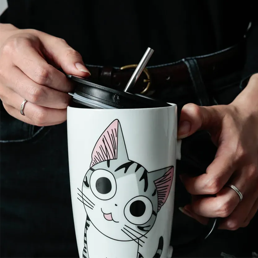 Funki Buys | Mugs | Large Ceramics Cat Mug | Spoon Lid | 20oz