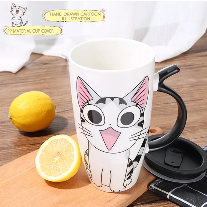 Funki Buys | Mugs | Large Ceramics Cat Mug | Spoon Lid | 20oz