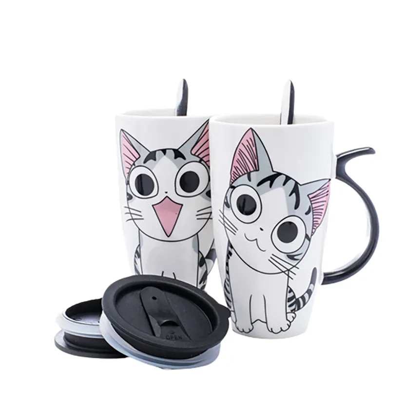 Funki Buys | Mugs | Large Ceramics Cat Mug | Spoon Lid | 20oz