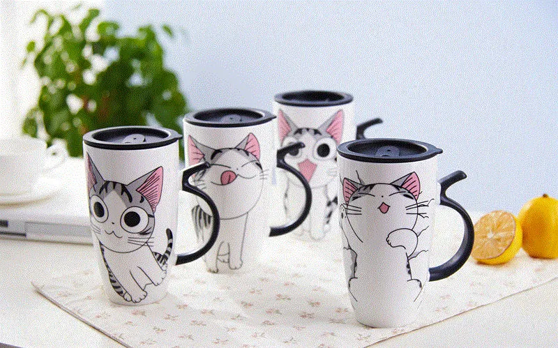 Funki Buys | Mugs | Large Ceramics Cat Mug | Spoon Lid | 20oz