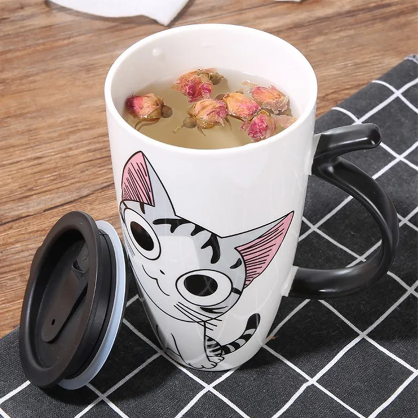 Funki Buys | Mugs | Large Ceramics Cat Mug | Spoon Lid | 20oz