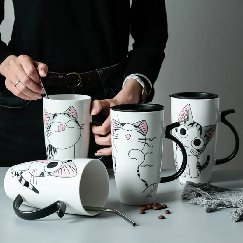 Funki Buys | Mugs | Large Ceramics Cat Mug | Spoon Lid | 20oz