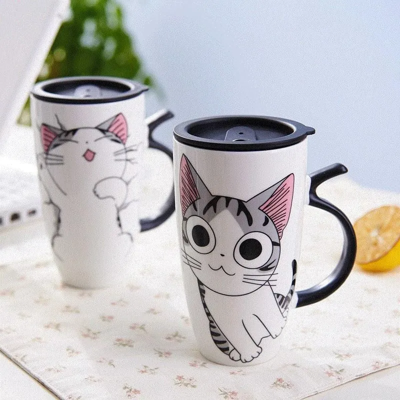 Funki Buys | Mugs | Large Ceramics Cat Mug | Spoon Lid | 20oz