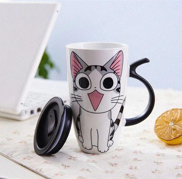 Funki Buys | Mugs | Large Ceramics Cat Mug | Spoon Lid | 20oz