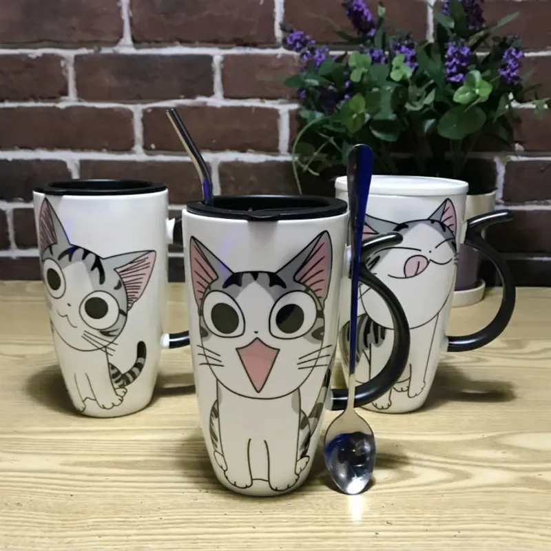 Funki Buys | Mugs | Large Ceramics Cat Mug | Spoon Lid | 20oz